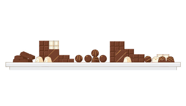 Collection of various dark and milk chocolate bars and truffles arranged neatly on a display shelf for a confectionery shop or gourmet store.