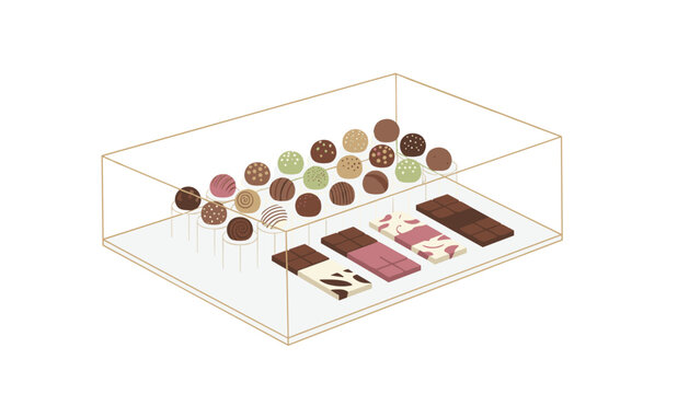 Assorted gourmet chocolate truffles and bars organized inside a transparent display box for a luxury confectionery or dessert gift shop set.