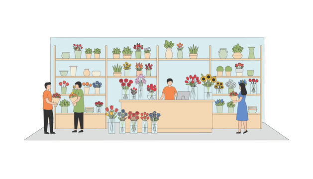Customers and shopkeeper interact inside a well-organized flower shop filled with diverse floral arrangements and potted plants on shelves.