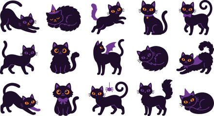 Obraz premium Halloween black cats collection diverse poses and styles for spooky season designs