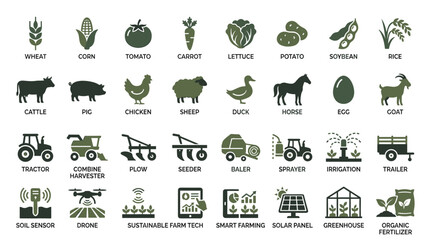 Sustainable agriculture icons set, 32 smart farming vector symbols, organic food production and modern machinery graphics for agribusiness © PixelMark