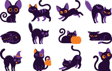 Obraz premium Halloween black cat clip art set in purple and orange