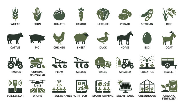 Sustainable agriculture icons set, 32 smart farming vector symbols, organic food production and modern machinery graphics for agribusiness
