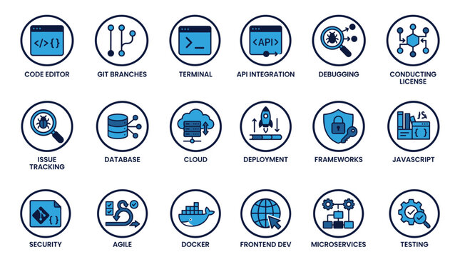 Software development icons set, 18 blue coding and programming vector symbols, web application technology and devops icons for UI design