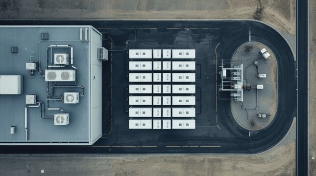 Top-down aerial view of hybrid energy campus with data center rooftop, battery storage containers and electrical substation