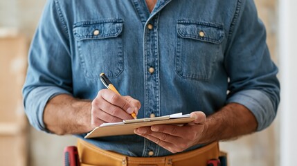Fototapeta premium Construction worker in chambray shirt writing on clipboard with tool belt