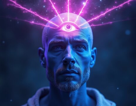 Man with third eye on forehead glowing with cosmic energy, representing mind expansion and psychic powers. Concept for spirituality, consciousness, and inner vision.