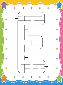 Letter e maze activity sheet for classroom lessons with alphabet, worksheet