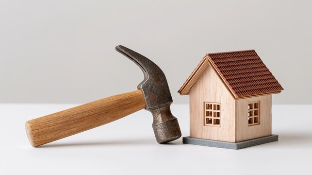 Miniature hammer and house model side by side, representing real estate and construction