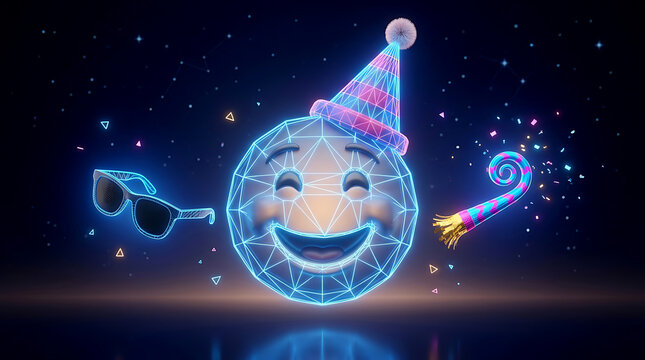 Party face emoji with digital network wireframe lines wearing birthday hat, neon glasses and party blower on dark background, celebration and abstract technology concept