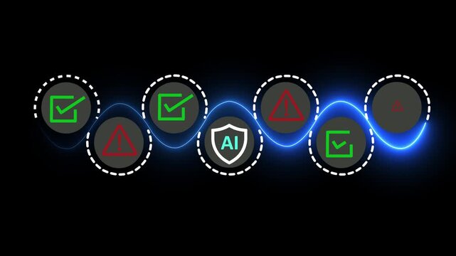 AI Safety and Ethics Concept on the black background. Ethical guidelines and safety protocols in artificial intelligence systems. Motion graphics of security warning signs, and checkmarks. 4k motion.