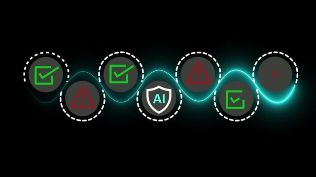 AI Safety and Ethics Concept on the black background. Ethical guidelines and safety protocols in artificial intelligence systems. Motion graphics of security warning signs, and checkmarks. 4k motion.