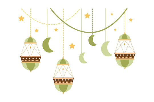 Ramadan kareem hanging lanterns with crescent moons and stars