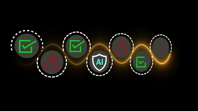AI Safety and Ethics Concept on the black background. Ethical guidelines and safety protocols in artificial intelligence systems. Motion graphics of security warning signs, and checkmarks. 4k motion.