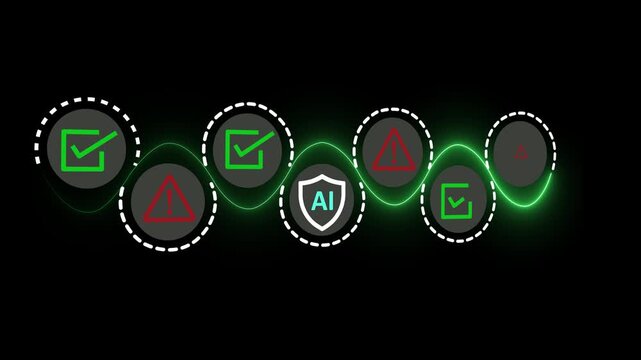AI Safety and Ethics Concept on the black background. Ethical guidelines and safety protocols in artificial intelligence systems. Motion graphics of security warning signs, and checkmarks. 4k motion.