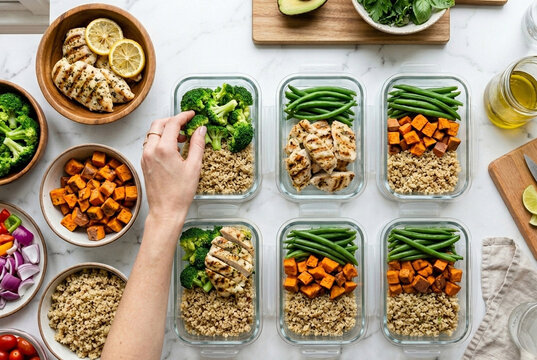 Healthy meal prep glass containers with grilled chicken quinoa and fresh vegetables