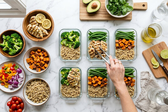 Person preparing healthy meal prep containers with nutritious food