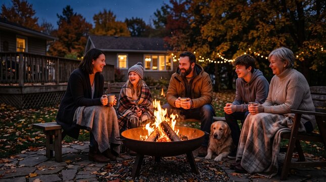 Multi-generational family and dog enjoy a cozy evening around a backyard fire pit