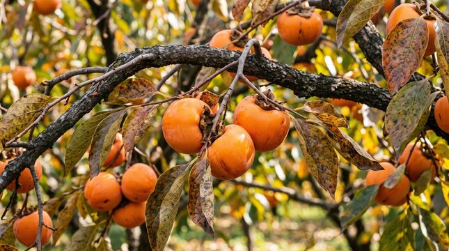 Ripe persimmons hanging from a tree branch with autumn leaves