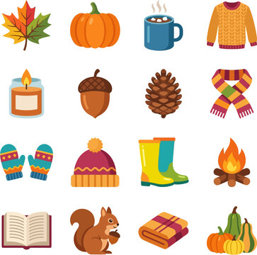 Autumn season objects and clothing icons on white background