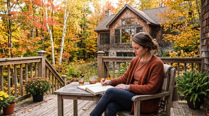 Fototapeta premium Woman journaling on a wooden deck surrounded by vibrant autumn foliage and a rustic home