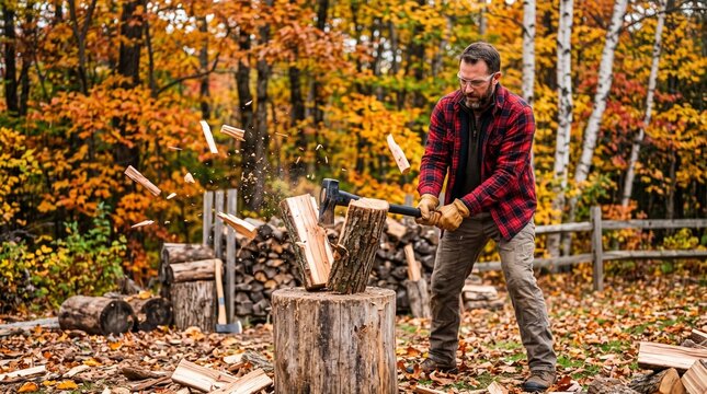 Man splitting firewood with axe in autumn forest with colorful leaves