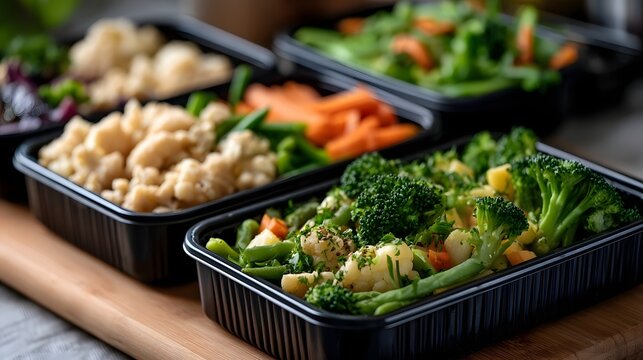 Black meal prep containers filled with colorful vegetables like broccoli  carrots  and green beans arranged on a wooden surface