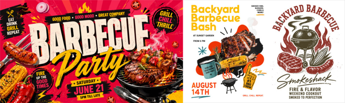 Backyard barbecue poster set with grilled meat, corn, sausages, skewers, smoky grill, retro badges and vibrant typography for summer cookout party vector design.