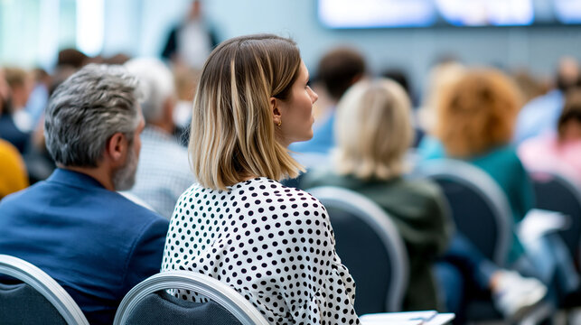 Faceless audience and speaker at business convention and presentation during interview and round table discussion, entrepreneurship symposium concept, corporate event photography,