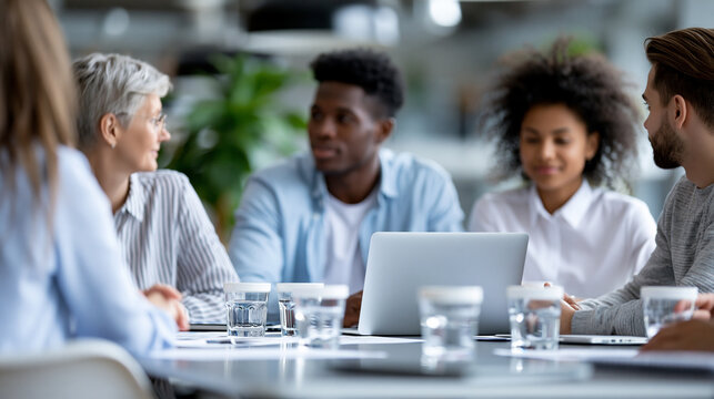 Faceless diverse corporate team discussing ethical AI and data governance in modern office boardroom meeting, responsible technology concept, corporate photography, blurred