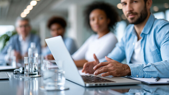 Faceless diverse corporate team discussing ethical AI and data governance in modern office boardroom meeting, responsible technology concept, corporate photography, blurred