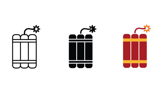 Set of three dynamite bundle with burning fuse icons in line solid and flat color design styles for adventure game UI and dangerous warning signage visual communication elements
