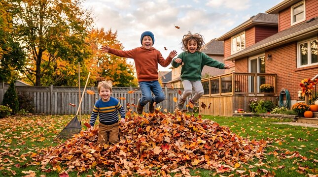 Three happy children jumping into a large pile of autumn leaves in a backyard