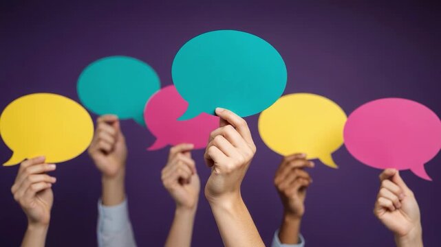 Diverse hands holding colorful speech bubbles against a purple background