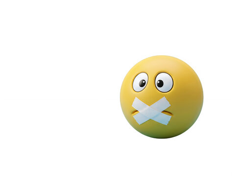 A yellow emoji with a tape over its mouth and a worried expression isolated on transparent background