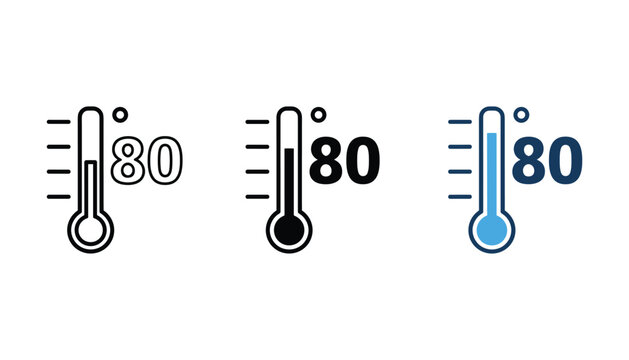 Temperature gauge eighty degrees icon set representing heat level or climate measurement for industrial dashboard and weather application design in clean flat vector graphic style