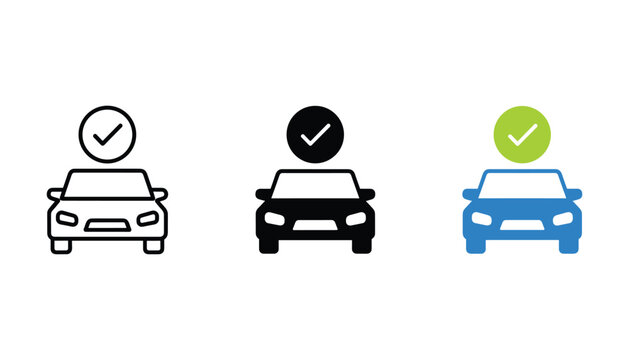 Car vehicle with check mark icon set in three distinct styles for automotive maintenance approval or car rental service graphic applications representing verified transport solutions