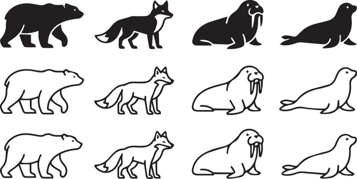 Black and white animal silhouettes walking and sitting