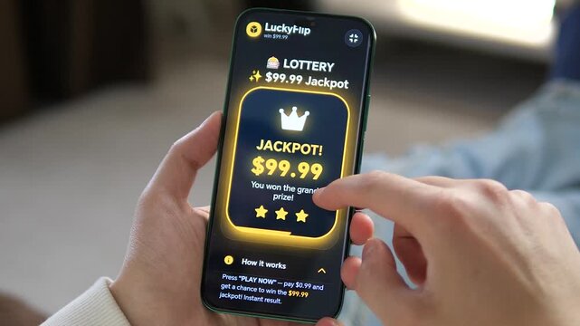 Mobile lottery app gameplay. User taps PLAY NOW for a 99.99 dollars jackpot and instantly wins the grand prize. Perfect for mobile gaming ads, iGaming platforms, and casual entertainment videos.