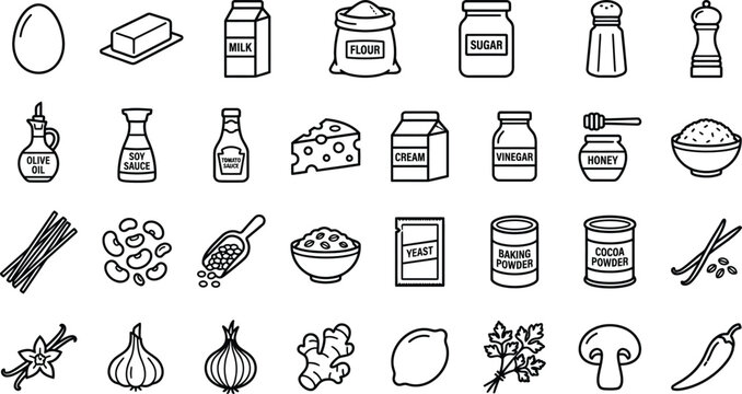 Cooking ingredients and pantry staple vector icons with ingredient