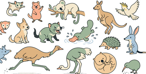 Boho Australian Wildlife Vector Character Collection Featuring Kangaroo, Koala, Platypus, Emu, Cockatoo, and Wombat in Pastel Colors for Nursery Graphic Designs © MstRakha