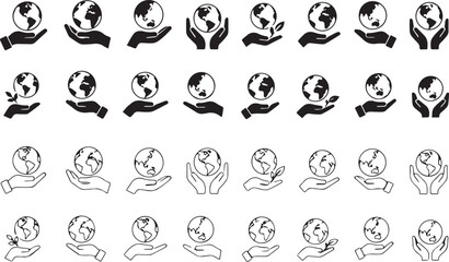 Obraz premium Earth Globe Icons in Hands, Black and White Illustrations