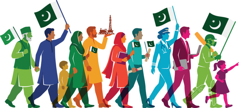 Diverse Pakistani people marching together, holding flags and representing various professions and generations, celebrating national unity and cultural identity in a vibrant vector illustration.