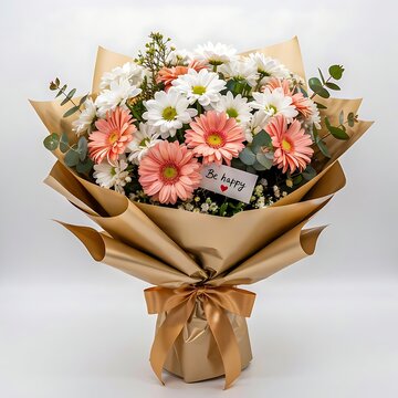 Beautiful bouquet of white and pink flowers wrapped in brown paper and ribbon