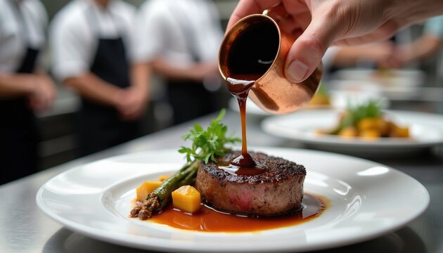 Chef plates filet mignon steak with sauce, asparagus, and vegetables. Pro cook garnishes dish with jus in upscale restaurant kitchen. Fine dining service awaits.