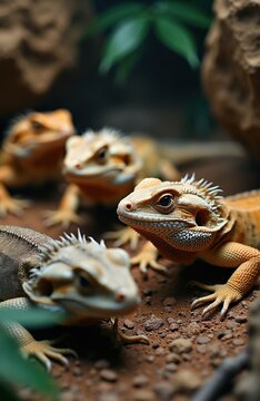 Group of bearded dragons rest closely together. Lizards show detailed scales and skin texture. Reptiles inhabit a dry arid environment with rocks and foliage.