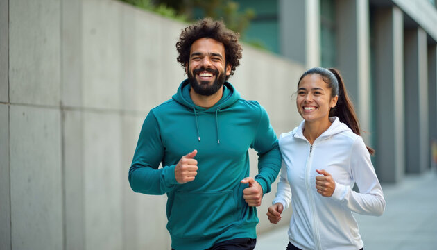 Happy couple running together in city. Man and woman jog in sportswear, enjoying urban exercise and healthy lifestyle. Active pair smiles during outdoor cardio workout.