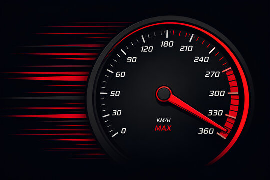 Speedometer dashboard at max speed, dark automotive gauge illustration