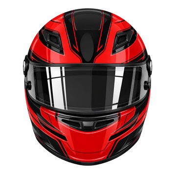 Racing helmet front view, glossy red and black motorsport gear illustration
