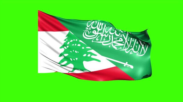 Animated Looping Super Wavy Flag of Saudi Arabia and Lebanon Isolated on Green Screen
